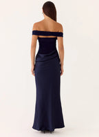 Women's Elegant Maxi Dress | Off-Shoulder Design with Sheer Mesh & Satin Bust | Luxurious Flow for Special Occasions - W 1