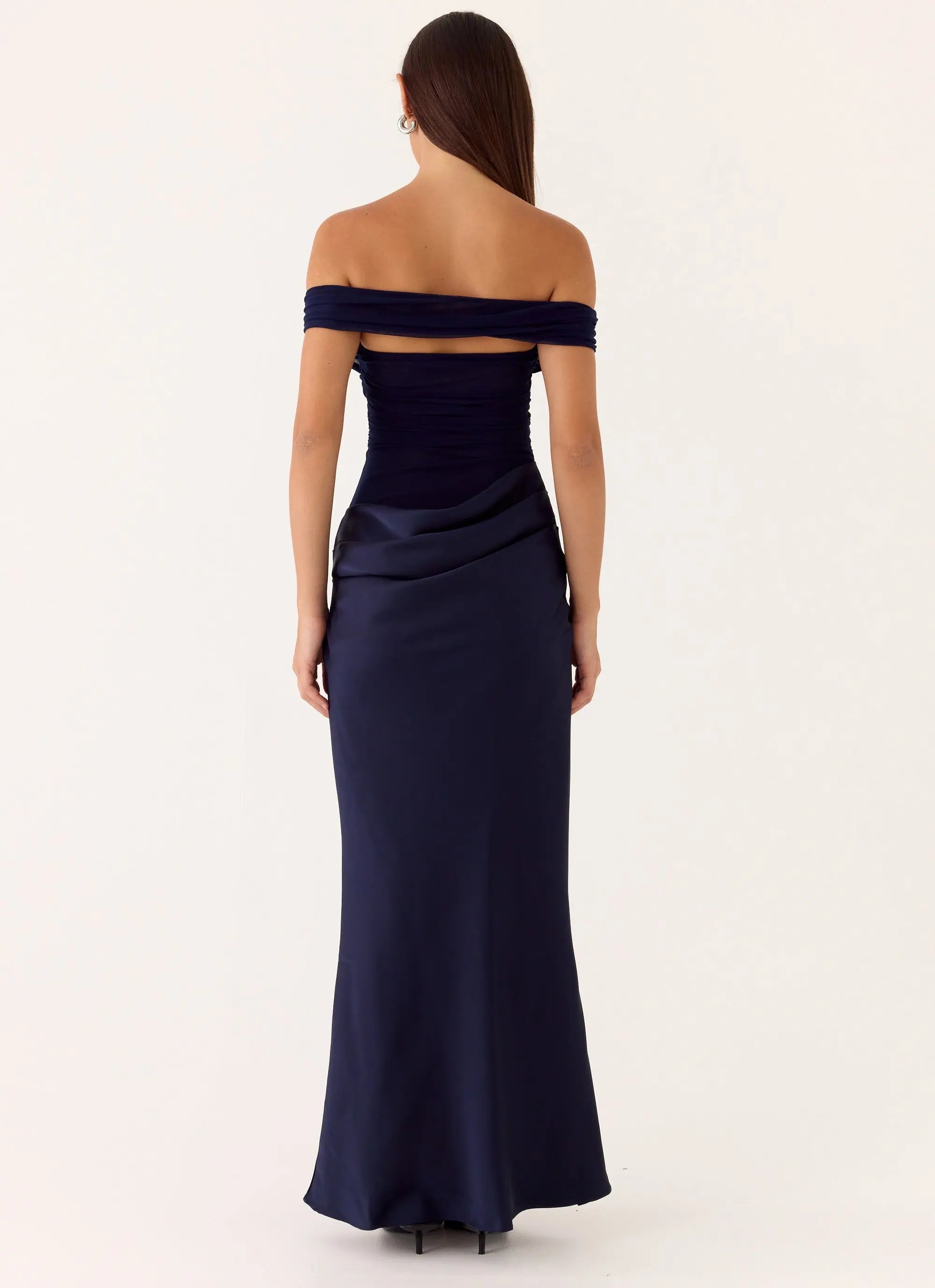 Women's Elegant Maxi Dress | Off-Shoulder Design with Sheer Mesh & Satin Bust | Luxurious Flow for Special Occasions - W 1
