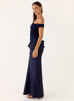 Women's Elegant Maxi Dress | Off-Shoulder Design with Sheer Mesh & Satin Bust | Luxurious Flow for Special Occasions - W 2