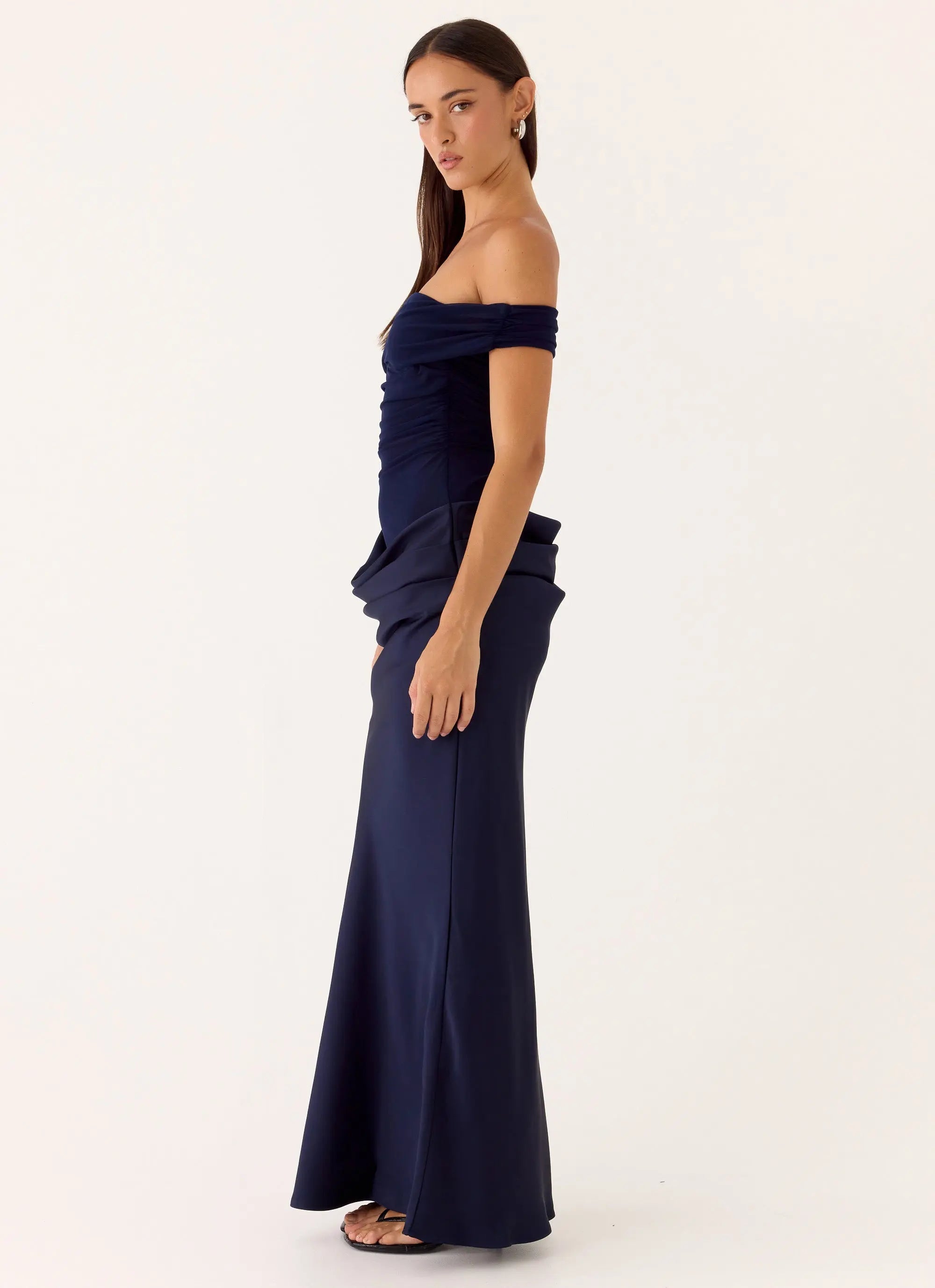 Women's Elegant Maxi Dress | Off-Shoulder Design with Sheer Mesh & Satin Bust | Luxurious Flow for Special Occasions - W 2