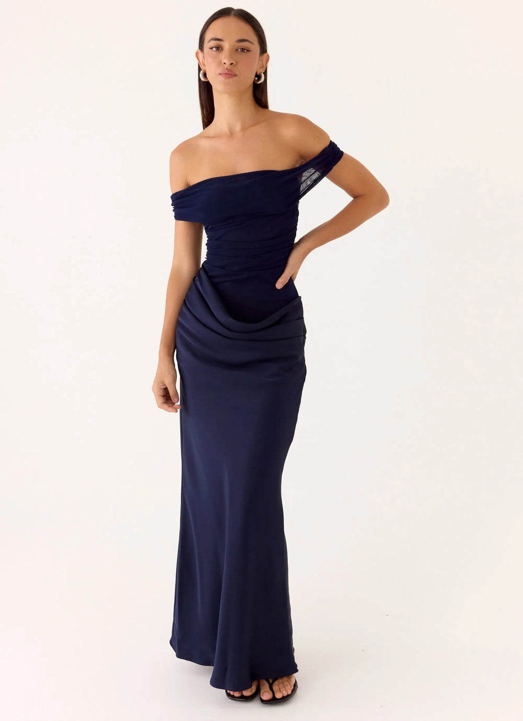Women's Elegant Maxi Dress | Off-Shoulder Design with Sheer Mesh & Satin Bust | Luxurious Flow for Special Occasions - W 4
