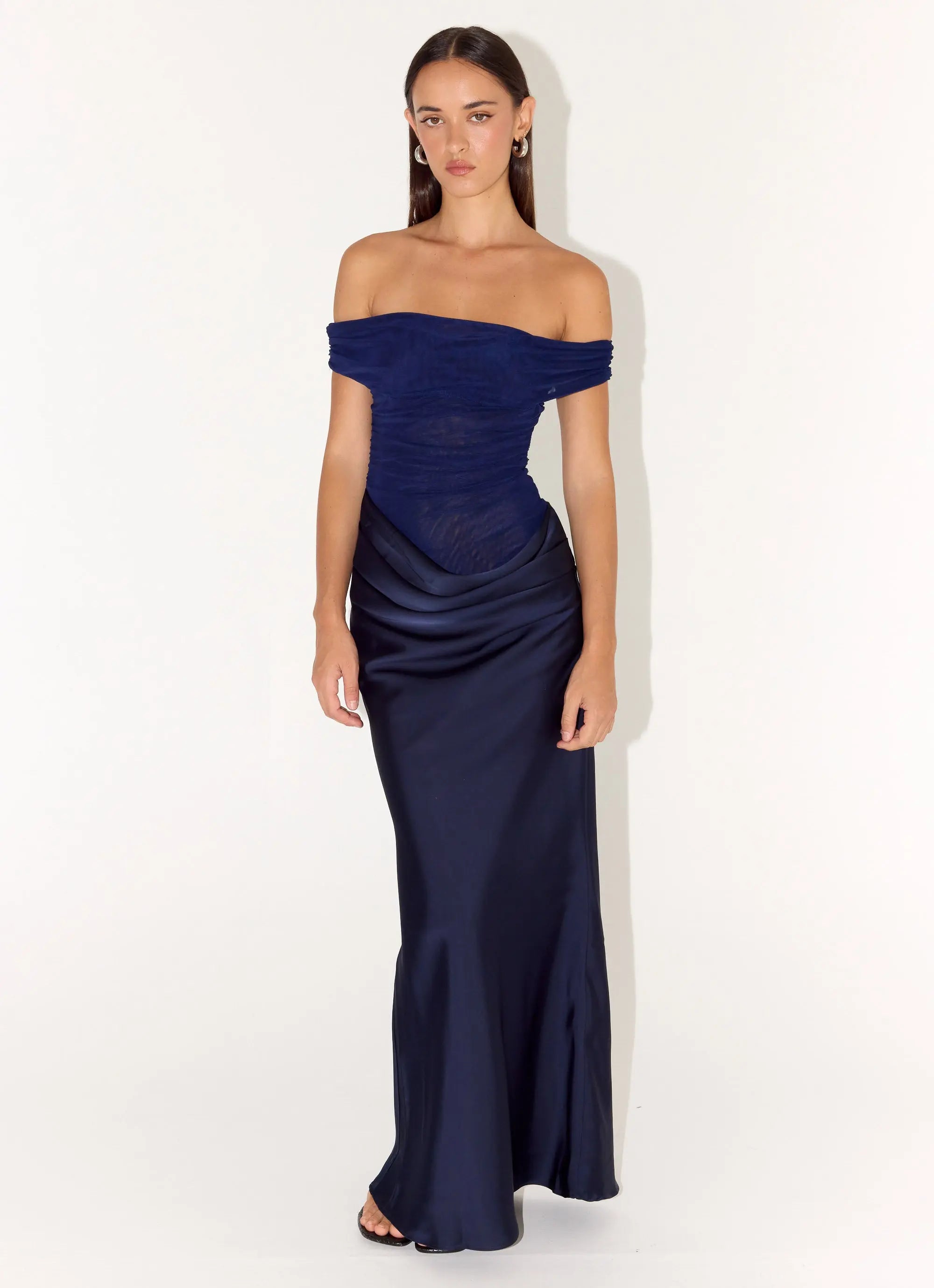 Women's Elegant Maxi Dress | Off-Shoulder Design with Sheer Mesh & Satin Bust | Luxurious Flow for Special Occasions - W 5