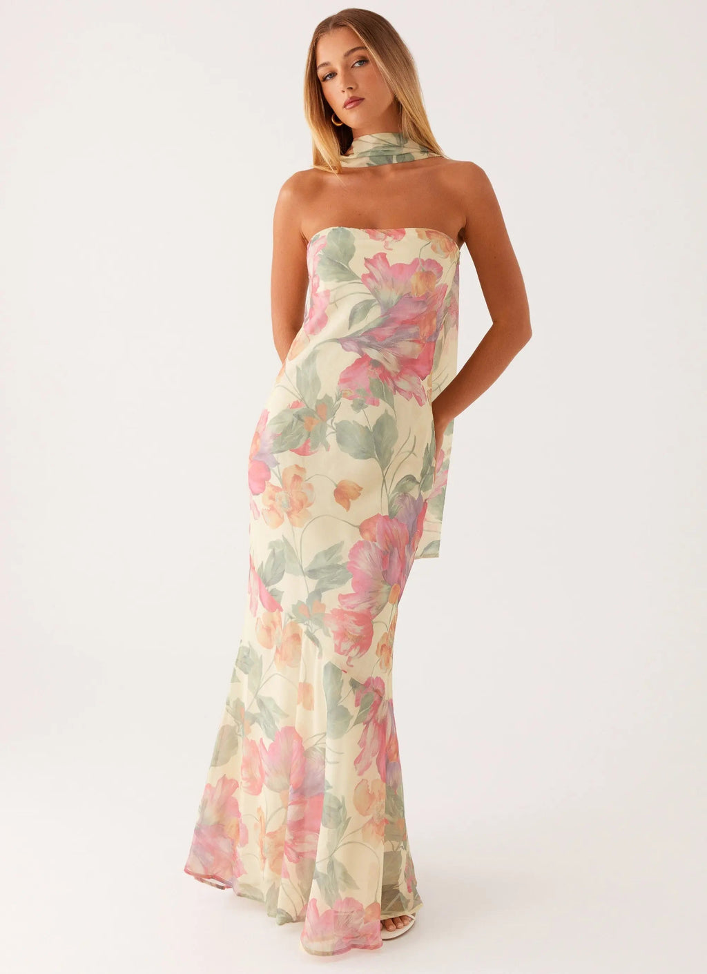 Women's Elegant Maxi Dress | Strapless Floral Design with Matching Scarf | Perfect for Evening Events - Women's | Maxi l 0