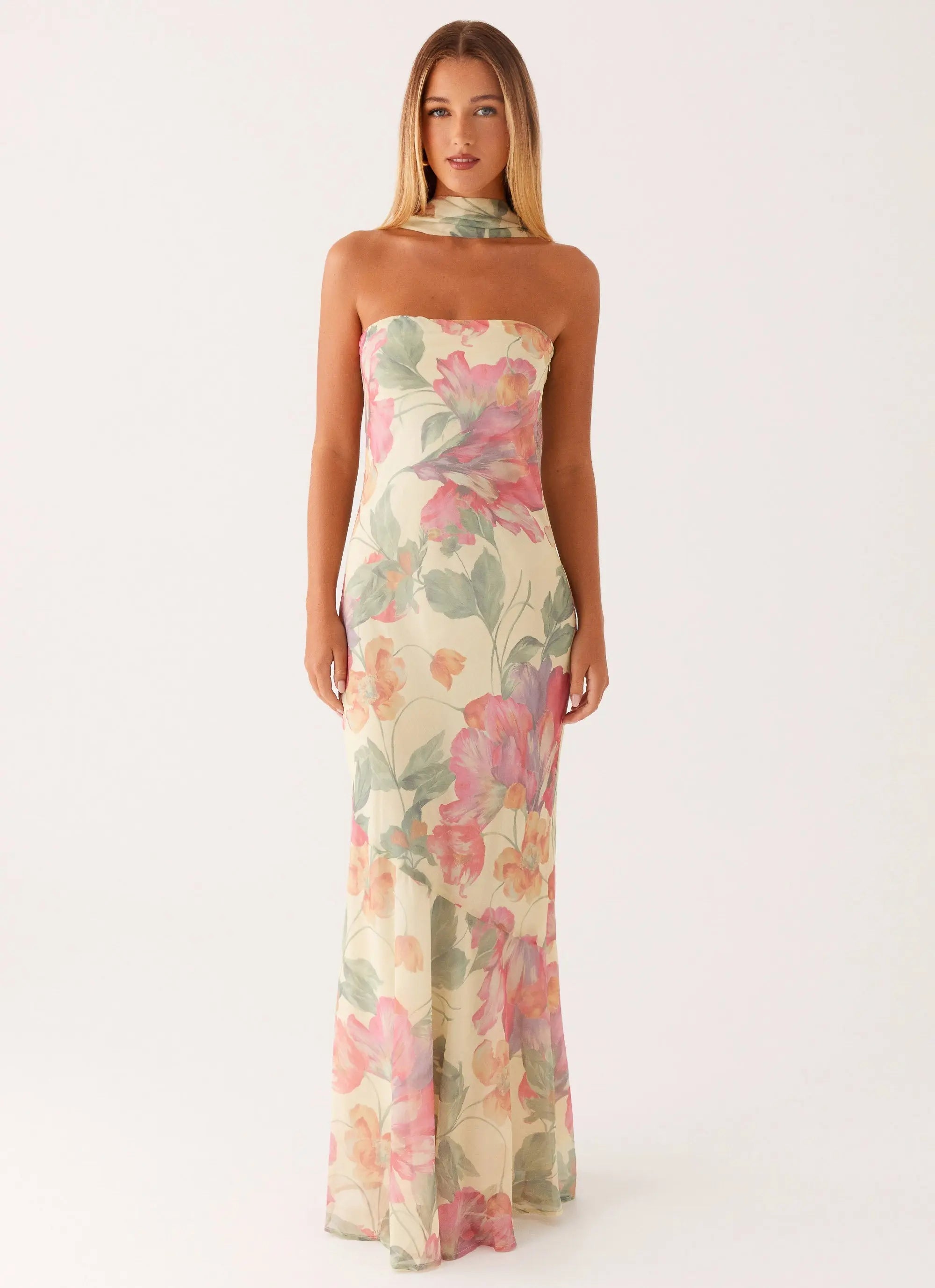 Women's Elegant Maxi Dress | Strapless Floral Design with Matching Scarf | Perfect for Evening Events - Women's | Maxi l 1