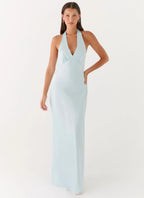 Elegant Satin Maxi Dress | Open-Back Halterneck Long Dress for Effortless Style - Women's 1