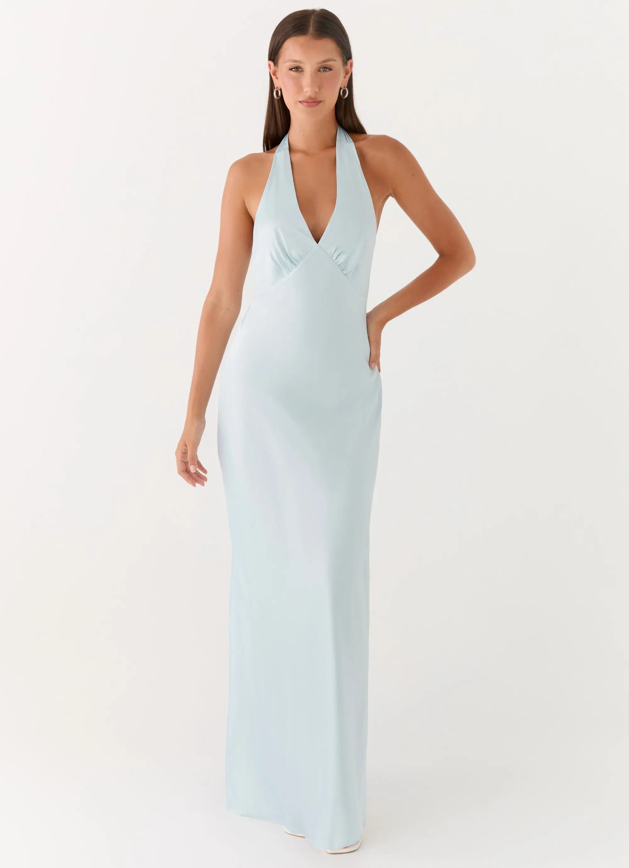 Elegant Satin Maxi Dress | Open-Back Halterneck Long Dress for Effortless Style - Women's 1