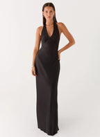 Elegant Satin | Black Maxi Dress with Open-Back Halterneck Design | Flattering Fit for Effortless Style - Women's 0