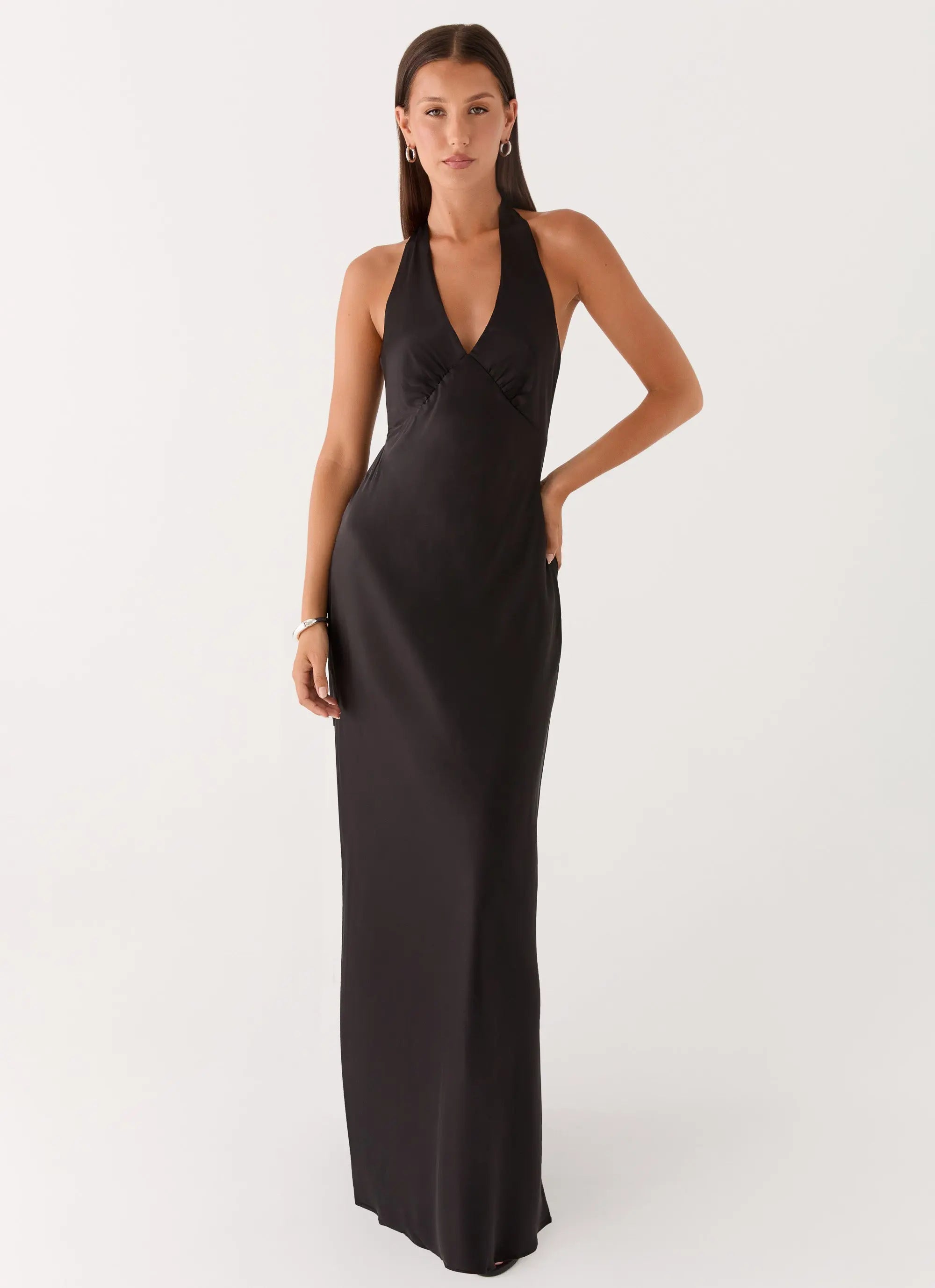 Elegant Satin | Black Maxi Dress with Open-Back Halterneck Design | Flattering Fit for Effortless Style - Women's 0