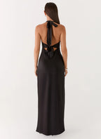 Elegant Satin | Black Maxi Dress with Open-Back Halterneck Design | Flattering Fit for Effortless Style - Women's 2