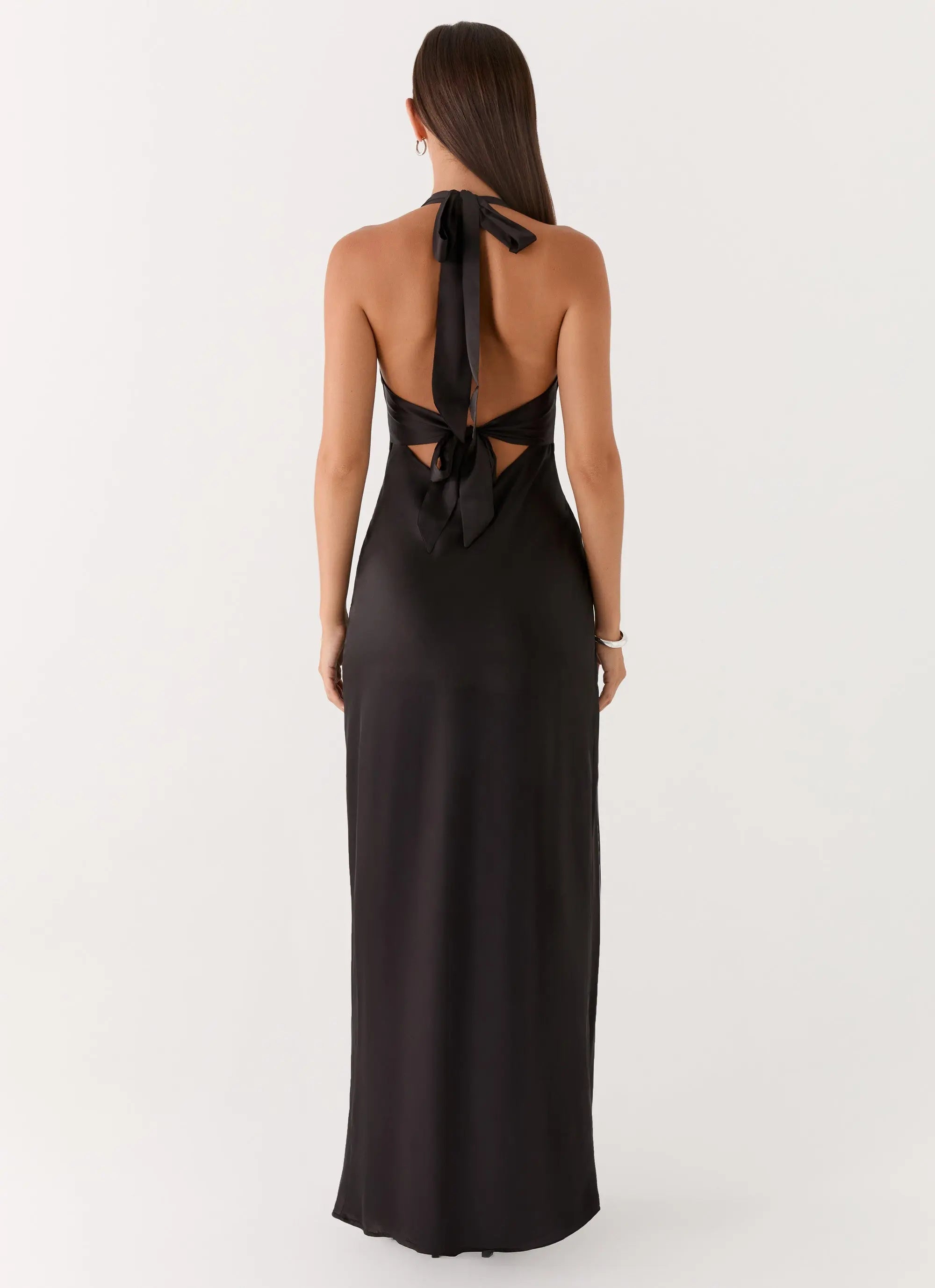 Elegant Satin | Black Maxi Dress with Open-Back Halterneck Design | Flattering Fit for Effortless Style - Women's 2