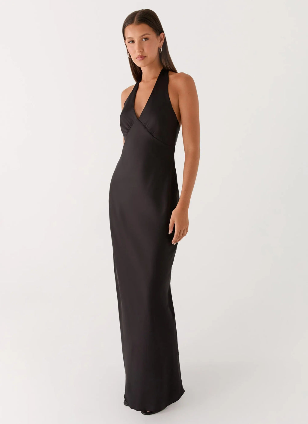 Elegant Satin | Black Maxi Dress with Open-Back Halterneck Design | Flattering Fit for Effortless Style - Women's 3