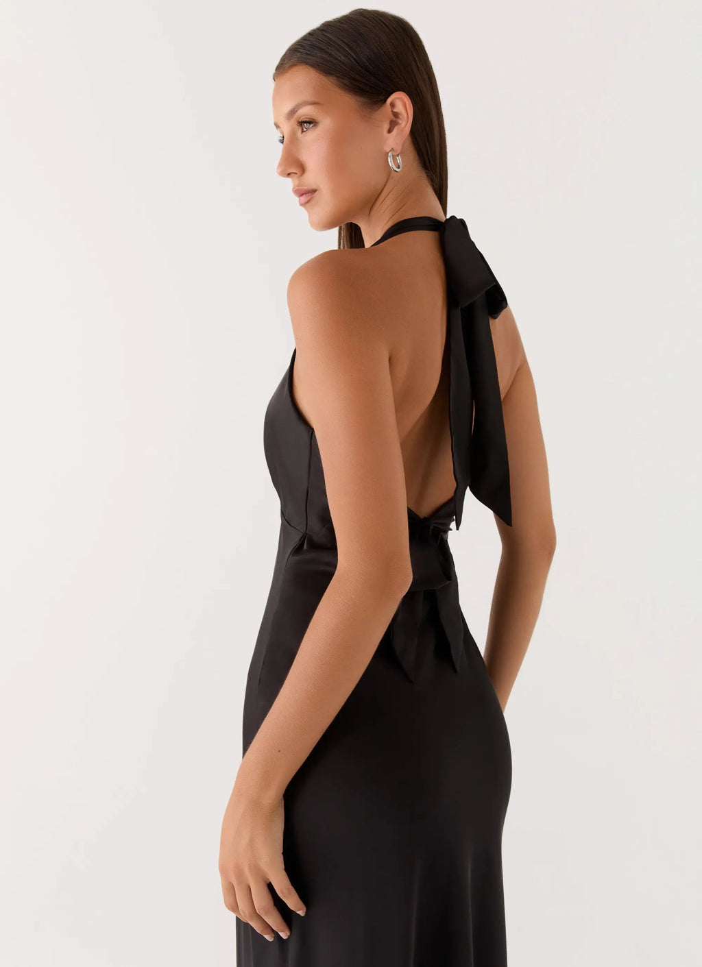 Elegant Satin | Black Maxi Dress with Open-Back Halterneck Design | Flattering Fit for Effortless Style - Women's 4