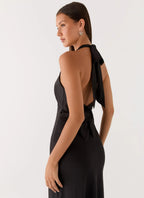 Elegant Satin | Black Maxi Dress with Open-Back Halterneck Design | Flattering Fit for Effortless Style - Women's 4