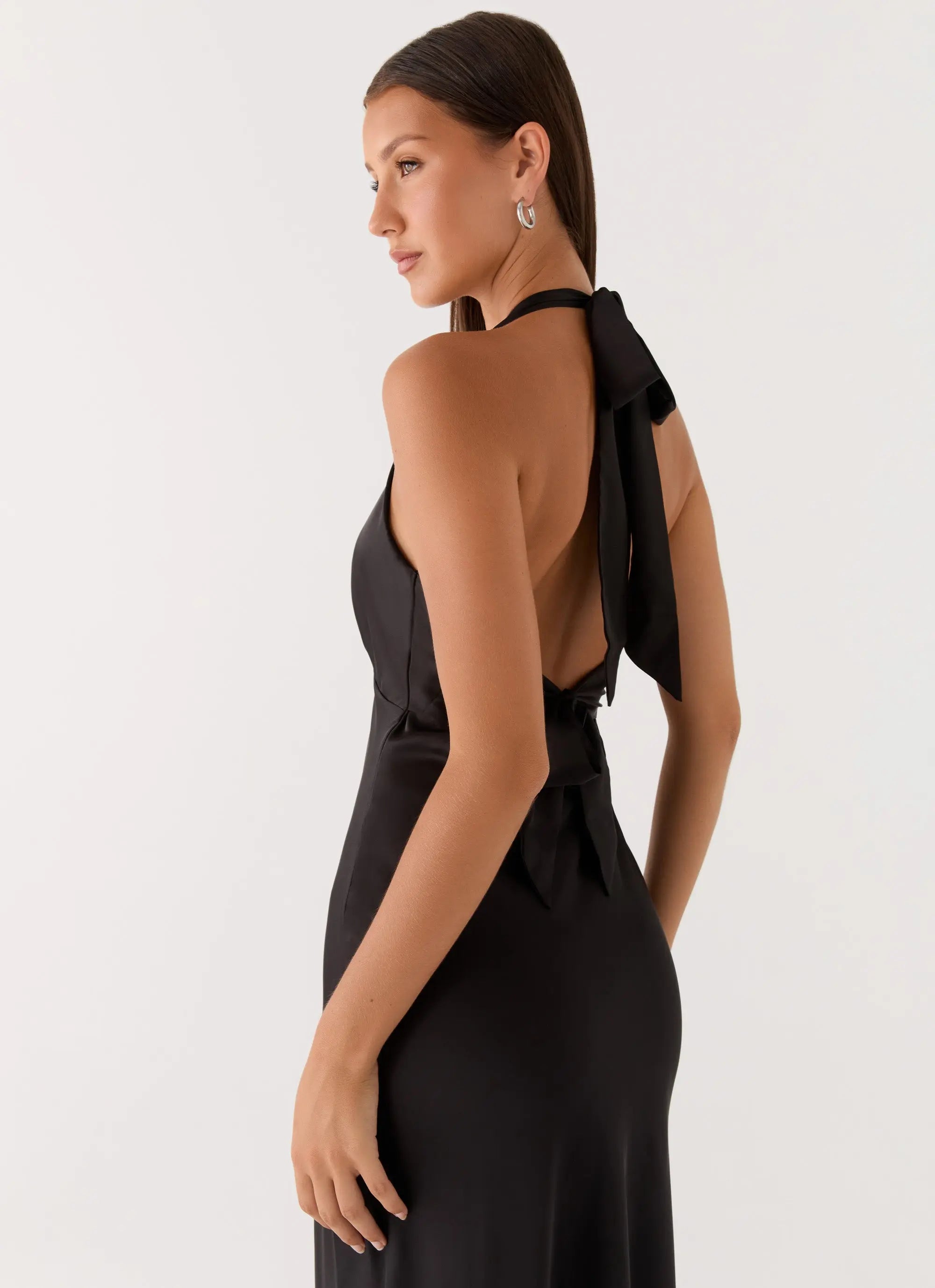 Elegant Satin | Black Maxi Dress with Open-Back Halterneck Design | Flattering Fit for Effortless Style - Women's 4