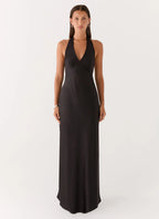 Elegant Satin | Black Maxi Dress with Open-Back Halterneck Design | Flattering Fit for Effortless Style - Women's 5