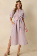 Women's Elegantly In Route Pink & Blue Stripe Cotton Blend Belt Tie Midi Dress | 50% Cotton & 50% Polyester 0