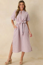Women's Elegantly In Route Pink & Blue Stripe Cotton Blend Belt Tie Midi Dress | 50% Cotton & 50% Polyester 0