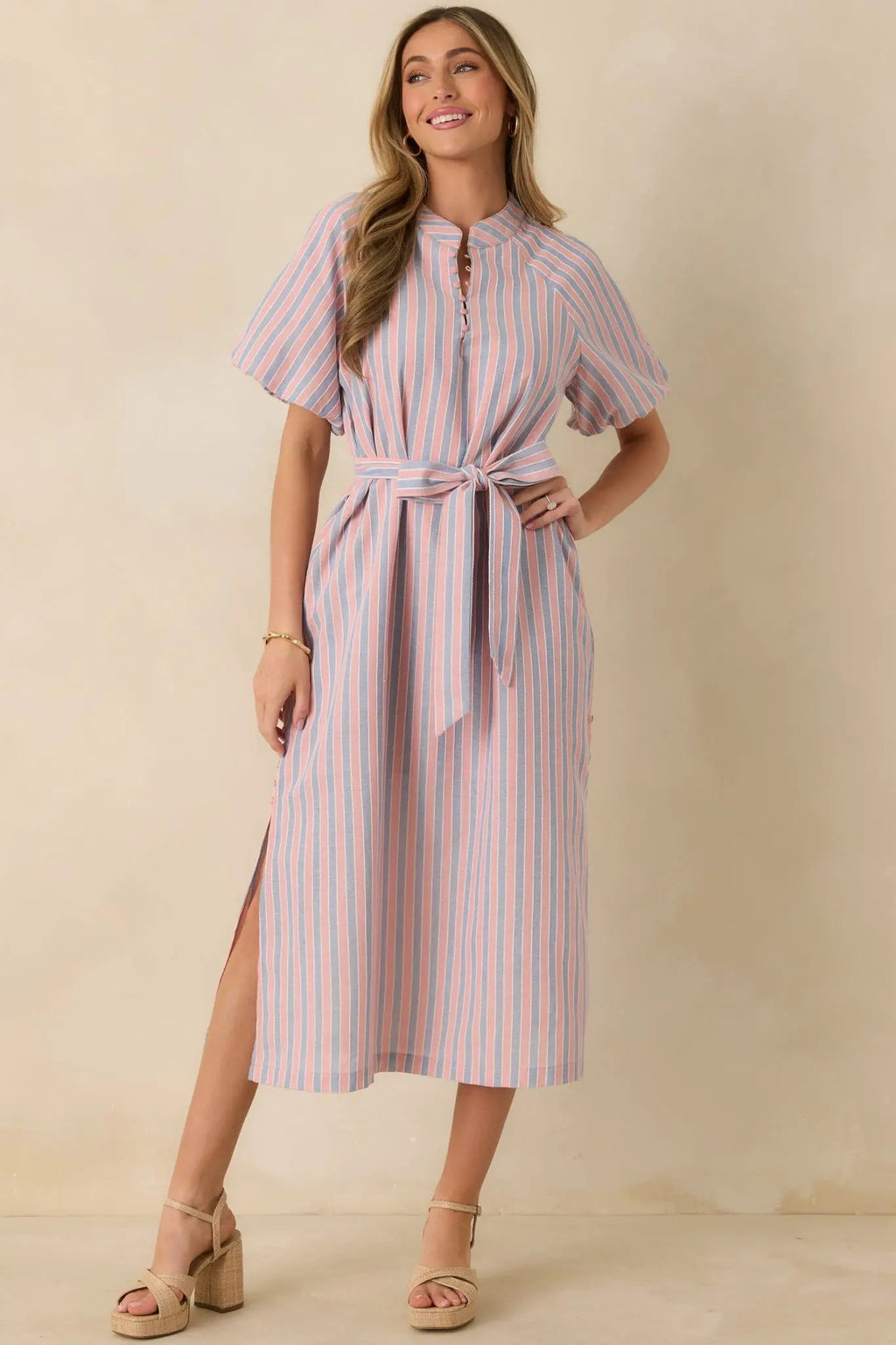 Women's Elegantly In Route Pink & Blue Stripe Cotton Blend Belt Tie Midi Dress | 50% Cotton & 50% Polyester 1