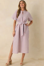 Women's Elegantly In Route Pink & Blue Stripe Cotton Blend Belt Tie Midi Dress | 50% Cotton & 50% Polyester 1