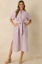 Women's Elegantly In Route Pink & Blue Stripe Cotton Blend Belt Tie Midi Dress | 50% Cotton & 50% Polyester 2