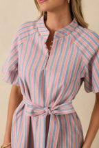 Women's Elegantly In Route Pink & Blue Stripe Cotton Blend Belt Tie Midi Dress | 50% Cotton & 50% Polyester 3