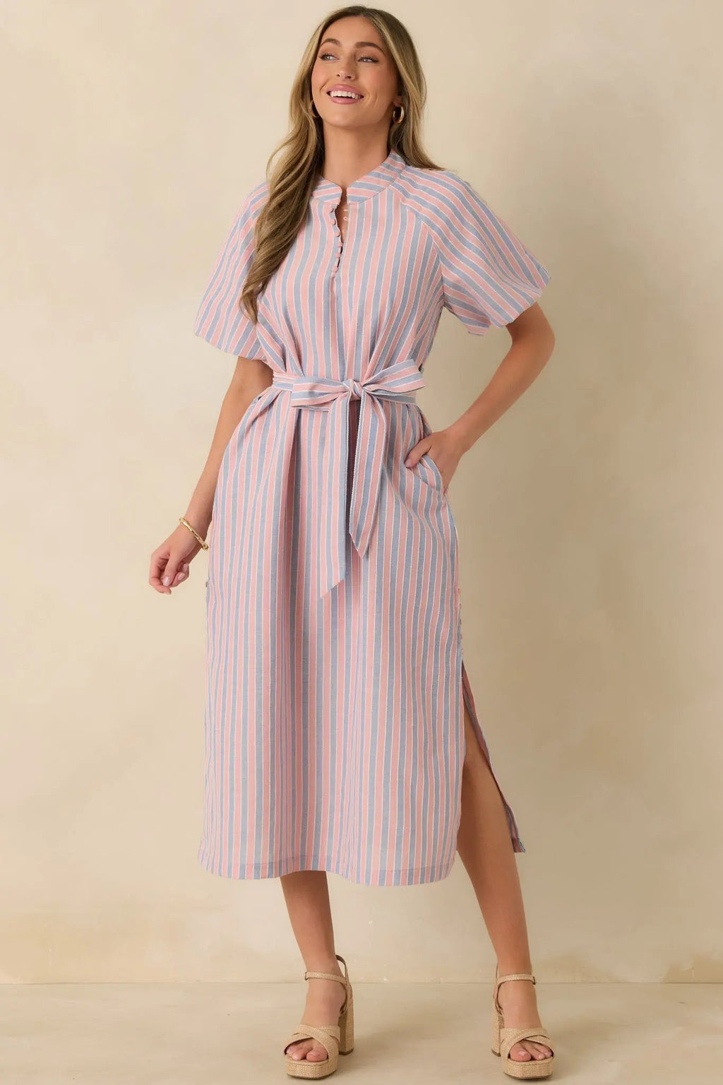 Women's Elegantly In Route Pink & Blue Stripe Cotton Blend Belt Tie Midi Dress | 50% Cotton & 50% Polyester 4
