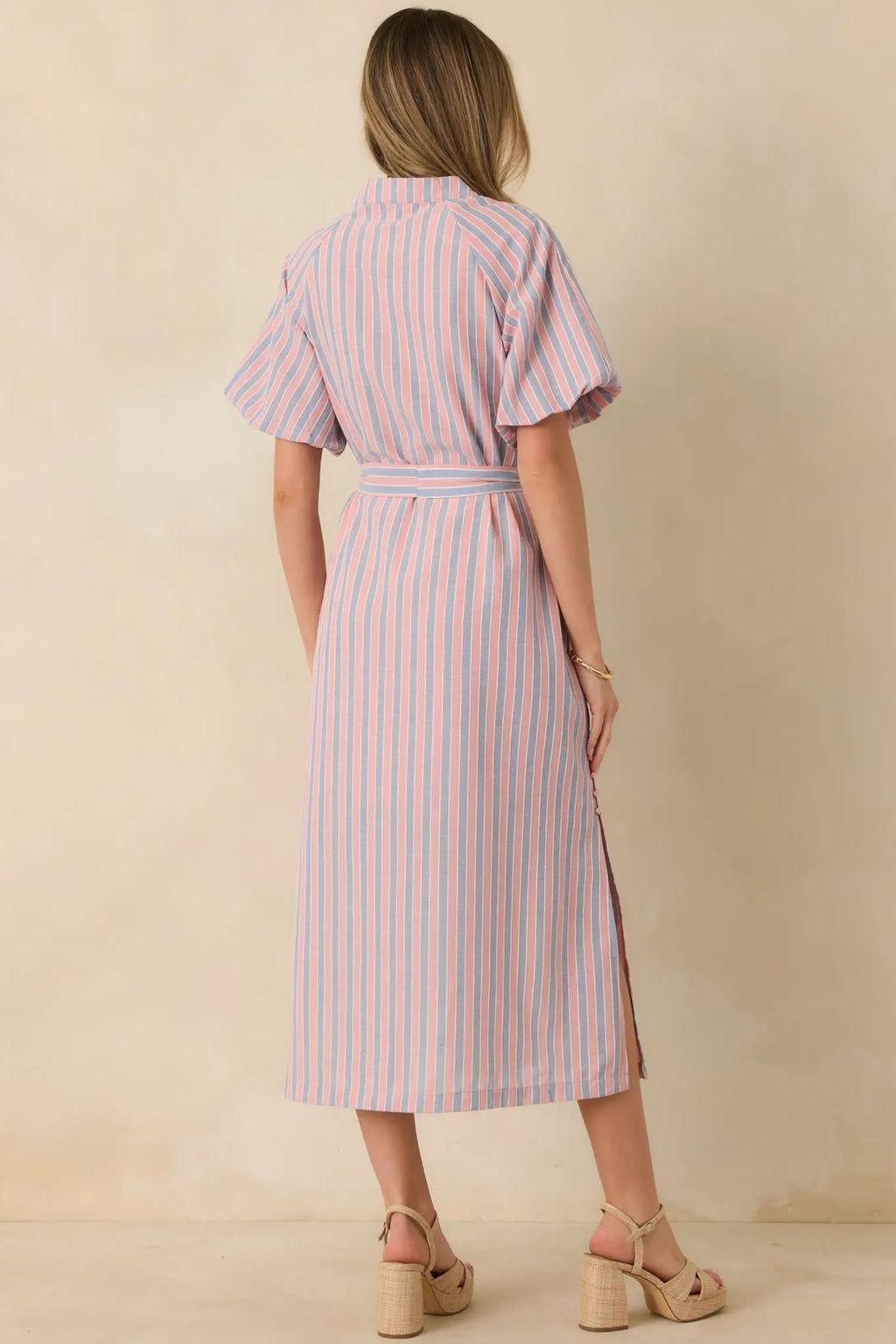 Women's Elegantly In Route Pink & Blue Stripe Cotton Blend Belt Tie Midi Dress | 50% Cotton & 50% Polyester 5