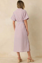 Women's Elegantly In Route Pink & Blue Stripe Cotton Blend Belt Tie Midi Dress | 50% Cotton & 50% Polyester 5