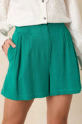 Women's Everyday Moments Kelly Green Linen Blend High Waisted Shorts | 70% Viscose & 30% Linen 0