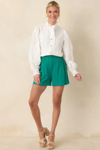 Women's Everyday Moments Kelly Green Linen Blend High Waisted Shorts | 70% Viscose & 30% Linen 3