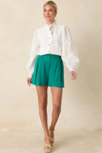 Women's Everyday Moments Kelly Green Linen Blend High Waisted Shorts | 70% Viscose & 30% Linen 4