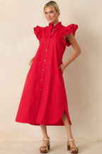 Women's Exactly As Planned Red Cotton Ruffle Button Front Midi Dress | 100% Cotton 0