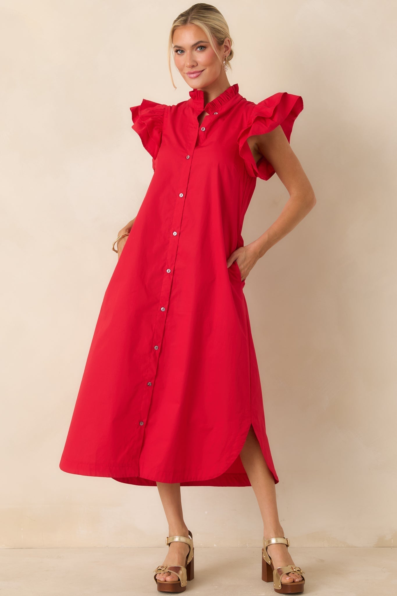 Women's Exactly As Planned Red Cotton Ruffle Button Front Midi Dress | 100% Cotton 0