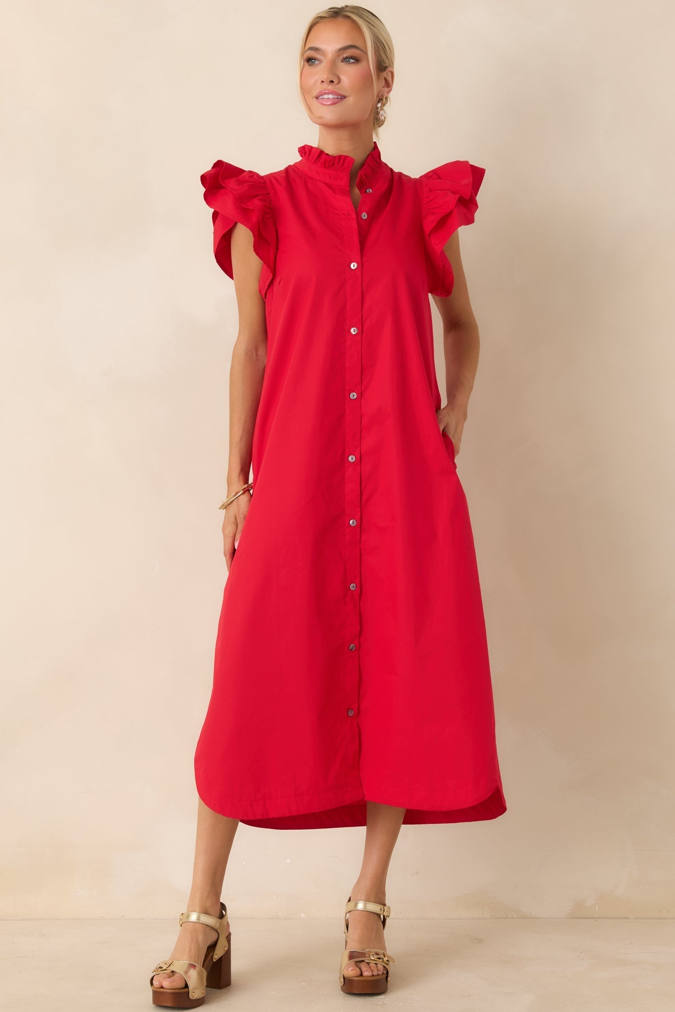 Women's Exactly As Planned Red Cotton Ruffle Button Front Midi Dress | 100% Cotton 2