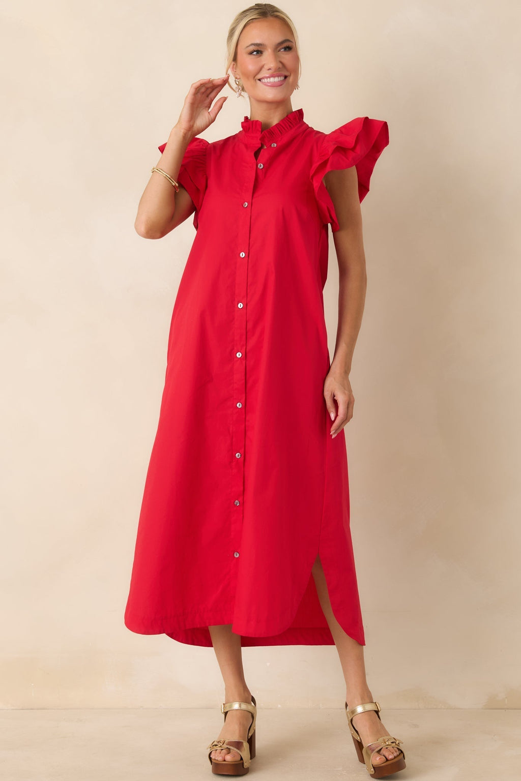 Women's Exactly As Planned Red Cotton Ruffle Button Front Midi Dress | 100% Cotton 3