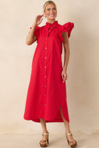 Women's Exactly As Planned Red Cotton Ruffle Button Front Midi Dress | 100% Cotton 3