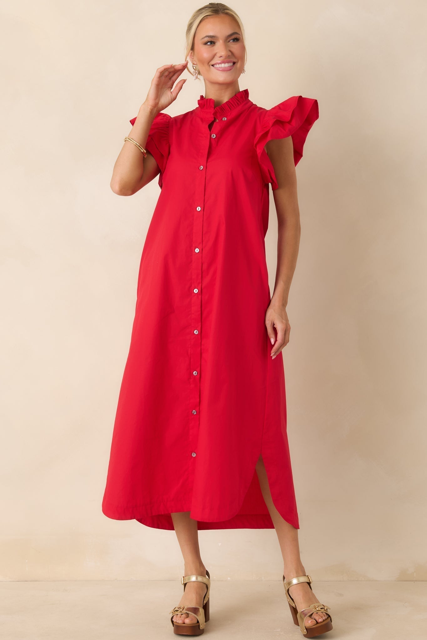 Women's Exactly As Planned Red Cotton Ruffle Button Front Midi Dress | 100% Cotton 3