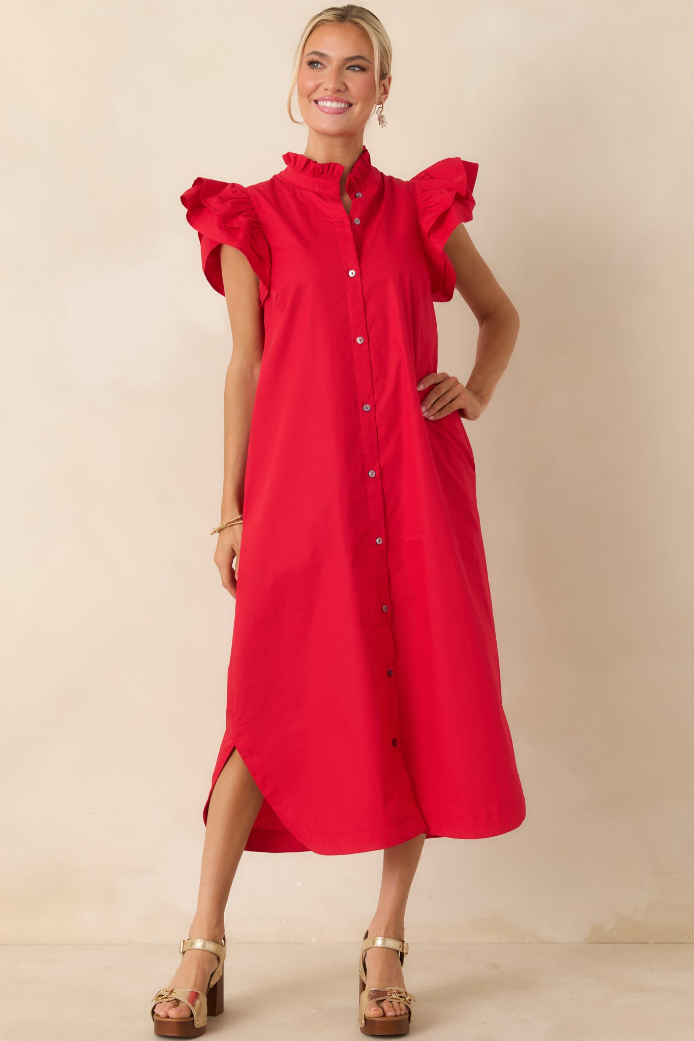 Women's Exactly As Planned Red Cotton Ruffle Button Front Midi Dress | 100% Cotton 4