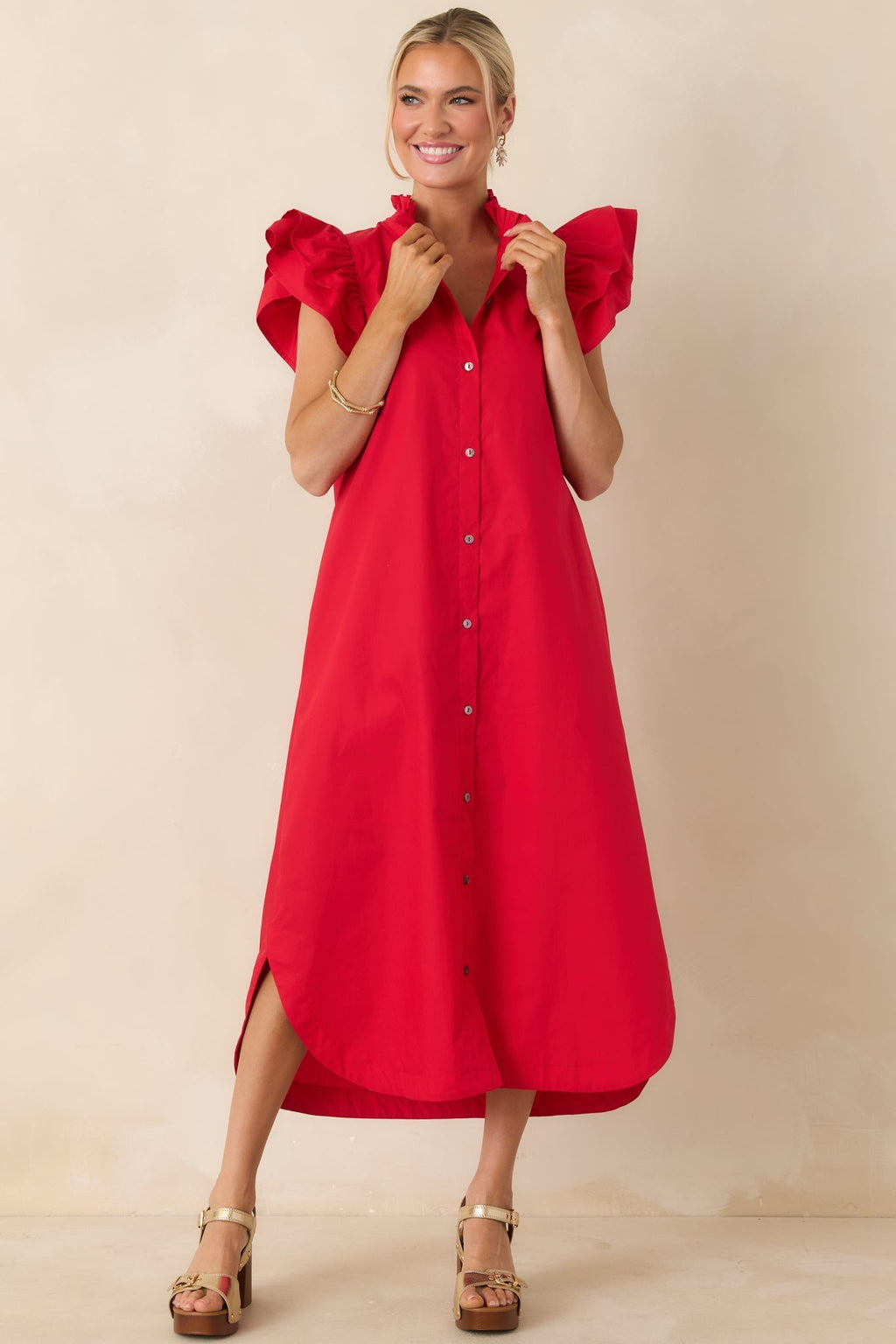 Women's Exactly As Planned Red Cotton Ruffle Button Front Midi Dress | 100% Cotton 5