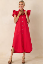 Women's Exactly As Planned Red Cotton Ruffle Button Front Midi Dress | 100% Cotton 5
