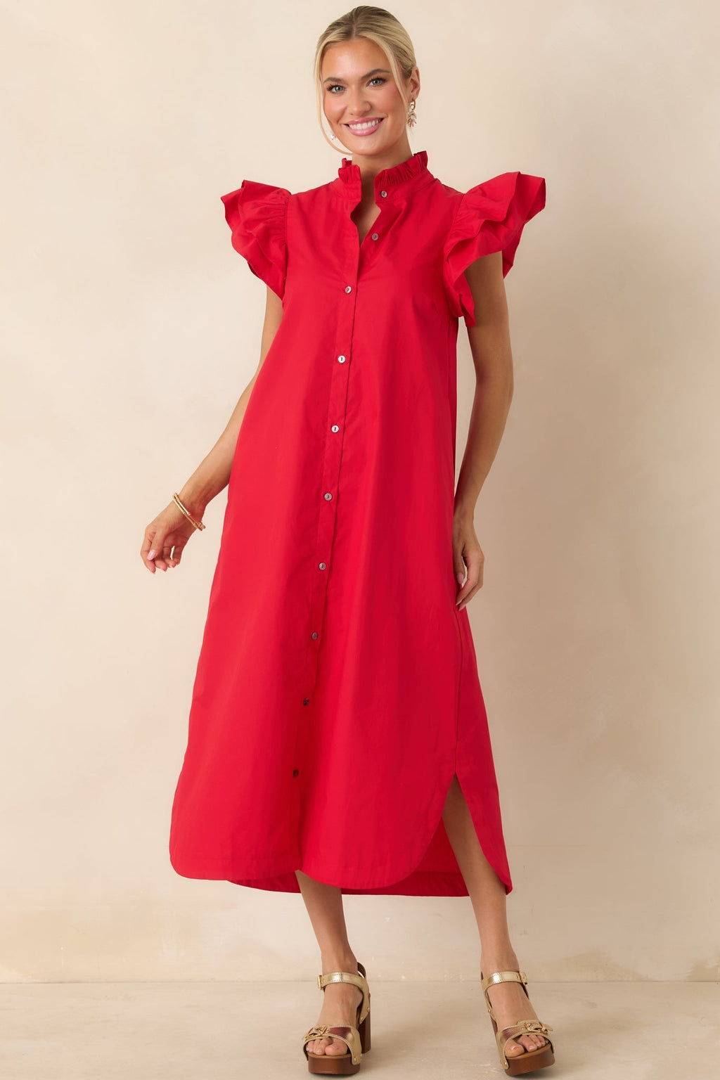 Women's Exactly As Planned Red Cotton Ruffle Button Front Midi Dress | 100% Cotton 6
