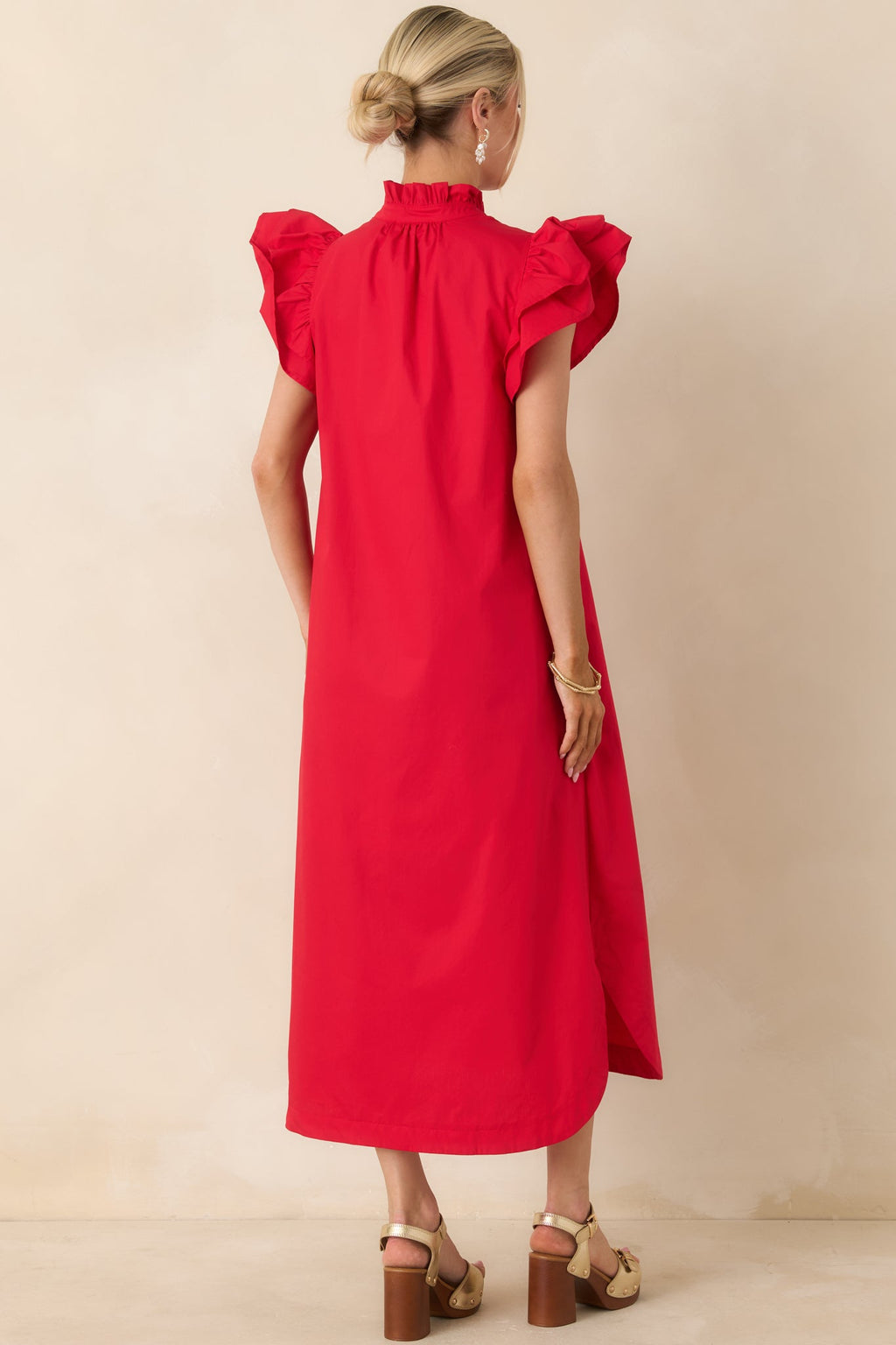 Women's Exactly As Planned Red Cotton Ruffle Button Front Midi Dress | 100% Cotton 7