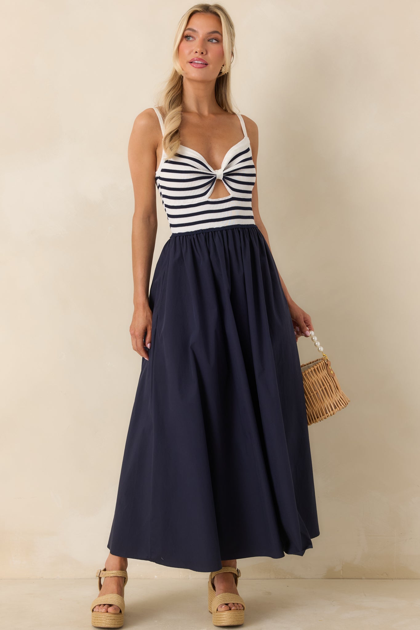 Women's Exactly Like This Navy Stripe Ribbed Knit Cutout Cotton Maxi Dress | 100% Cotton Contrast: 100% Polyester 0