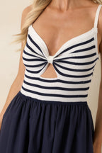 Women's Exactly Like This Navy Stripe Ribbed Knit Cutout Cotton Maxi Dress | 100% Cotton Contrast: 100% Polyester 1