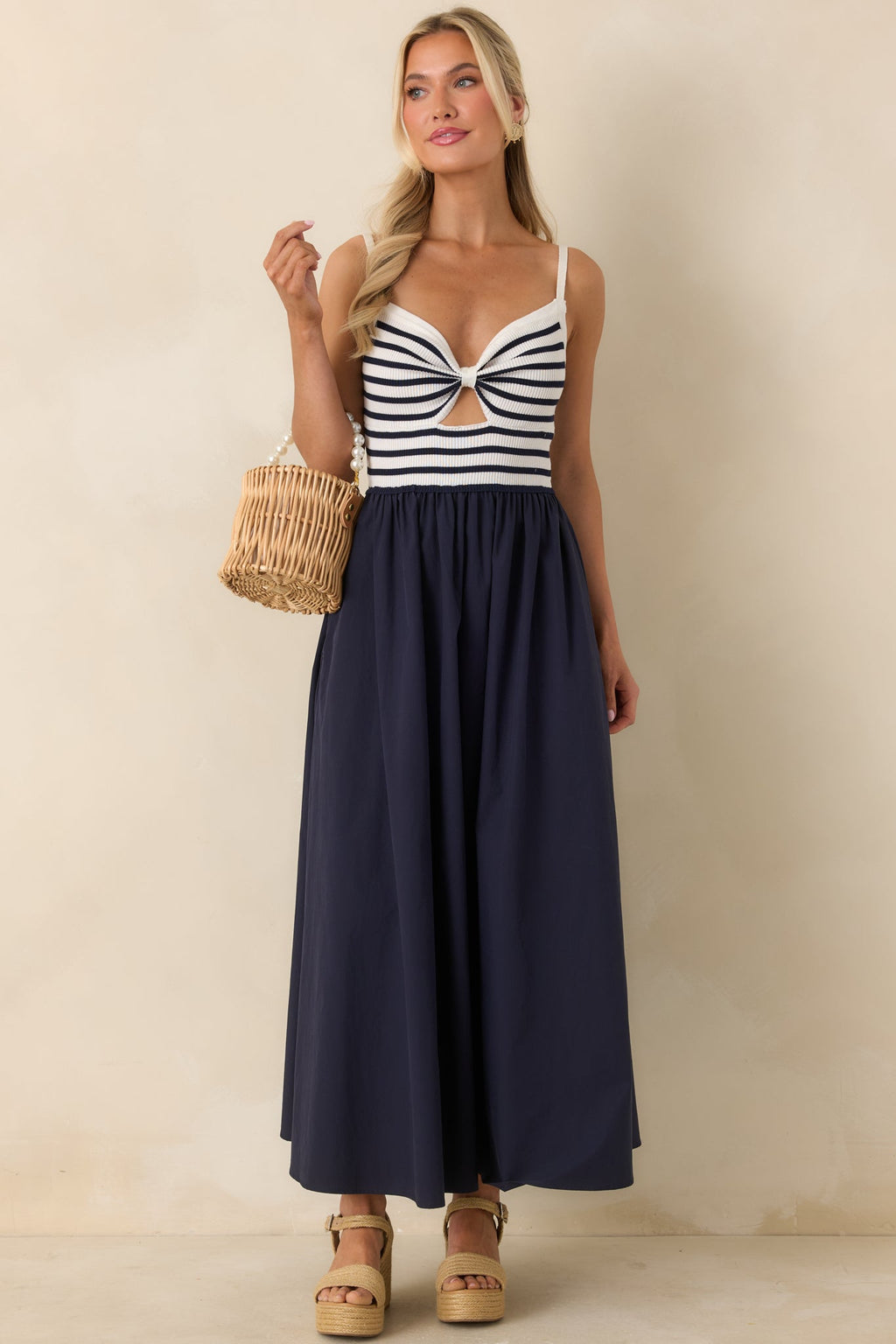 Women's Exactly Like This Navy Stripe Ribbed Knit Cutout Cotton Maxi Dress | 100% Cotton Contrast: 100% Polyester 2