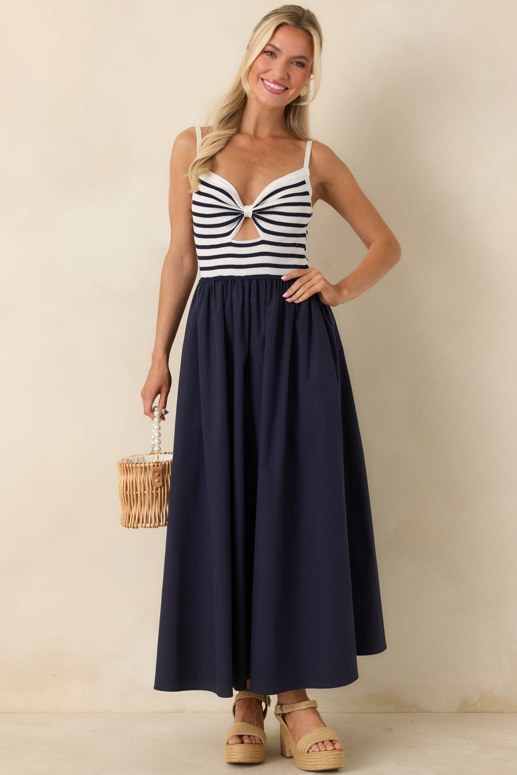 Women's Exactly Like This Navy Stripe Ribbed Knit Cutout Cotton Maxi Dress | 100% Cotton Contrast: 100% Polyester 3