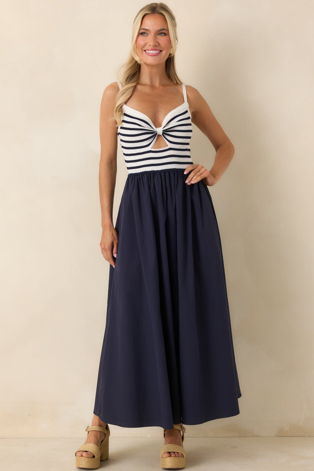 Women's Exactly Like This Navy Stripe Ribbed Knit Cutout Cotton Maxi Dress | 100% Cotton Contrast: 100% Polyester 4