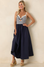 Women's Exactly Like This Navy Stripe Ribbed Knit Cutout Cotton Maxi Dress | 100% Cotton Contrast: 100% Polyester 5