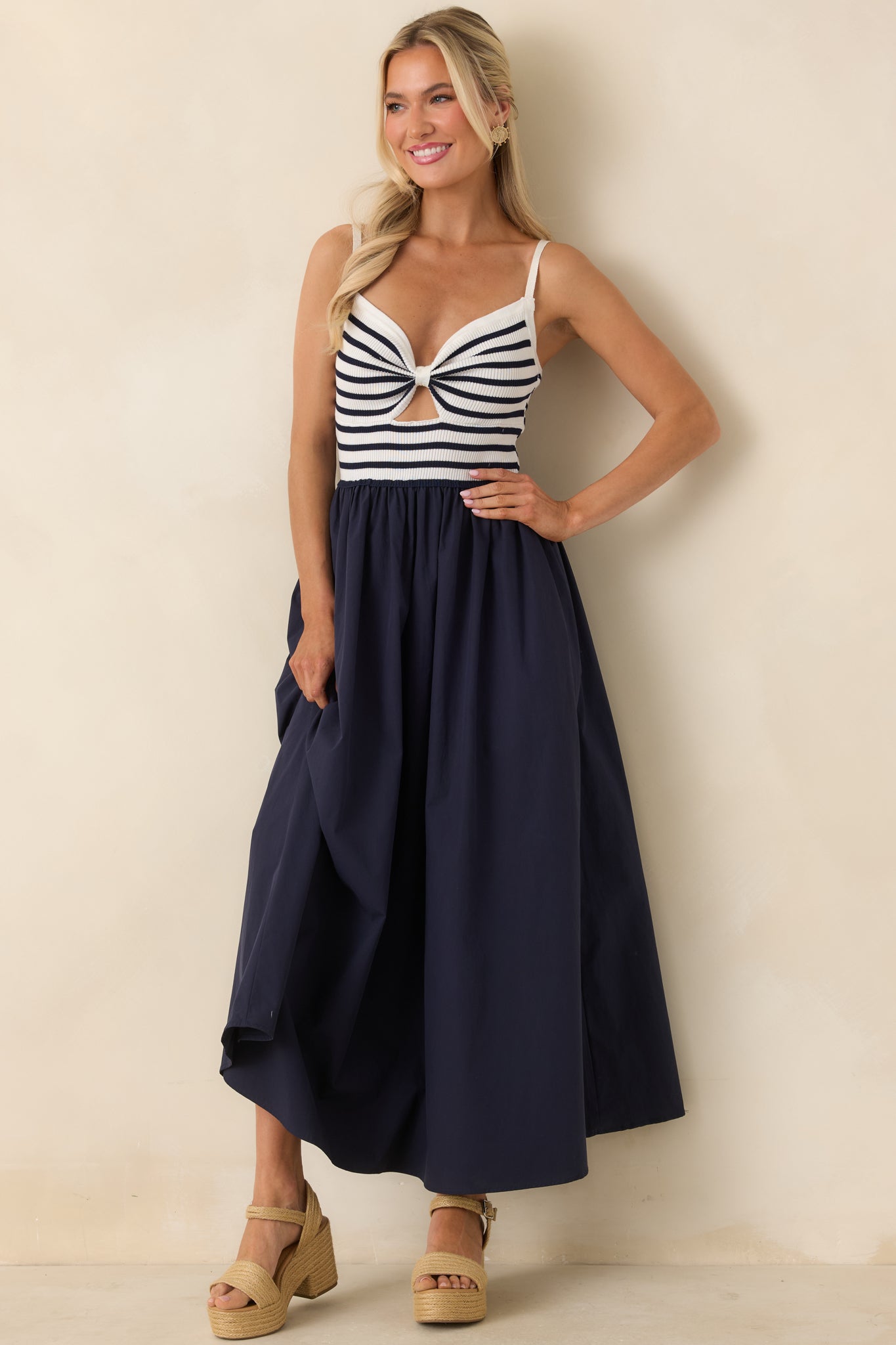 Women's Exactly Like This Navy Stripe Ribbed Knit Cutout Cotton Maxi Dress | 100% Cotton Contrast: 100% Polyester 5