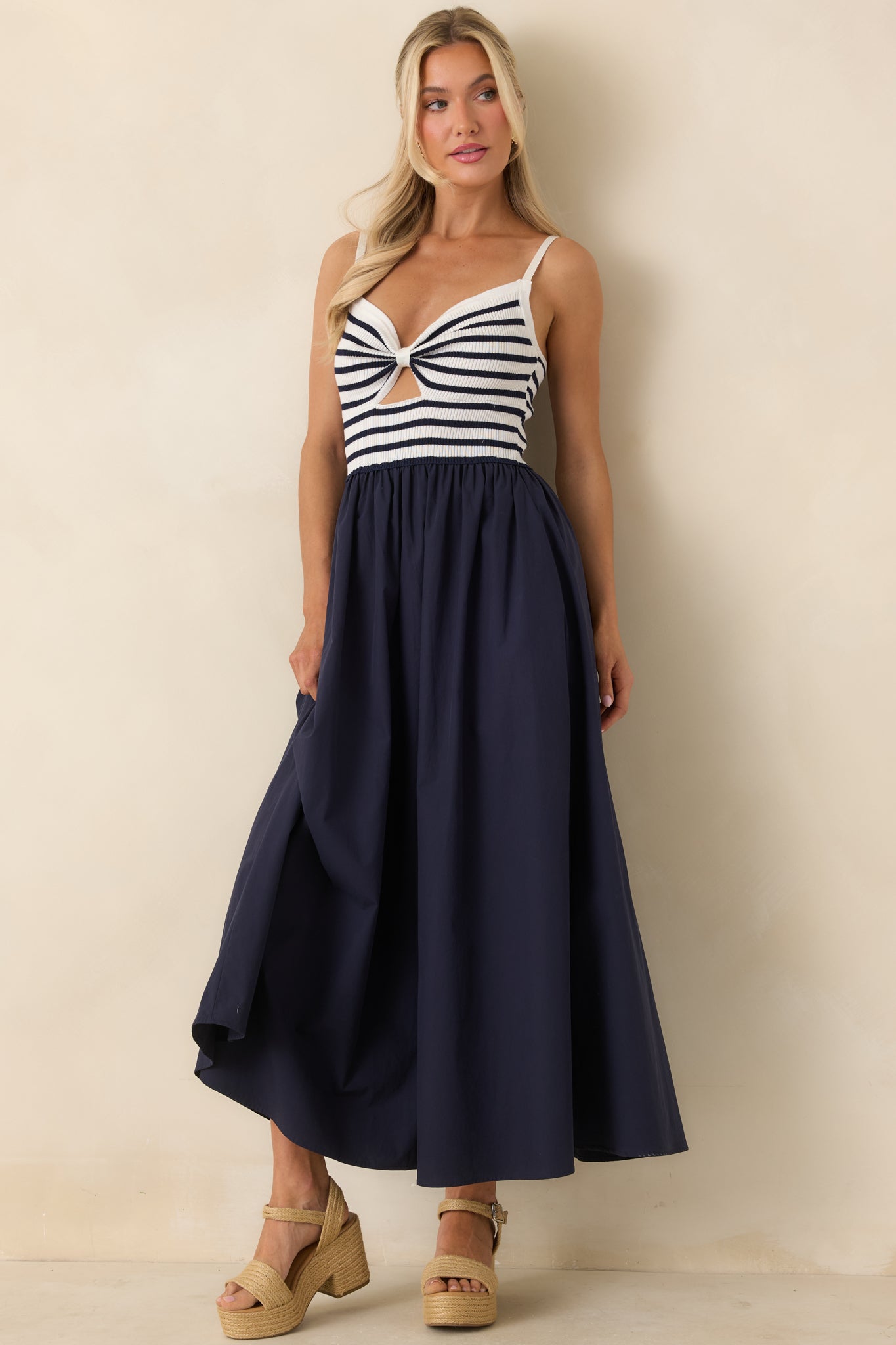 Women's Exactly Like This Navy Stripe Ribbed Knit Cutout Cotton Maxi Dress | 100% Cotton Contrast: 100% Polyester 6